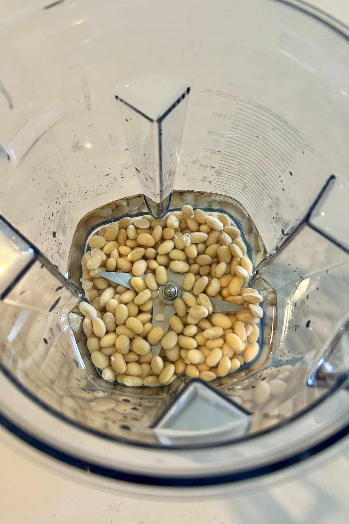 Cooked soy beans are in the Vitamix blender with water ready for blending