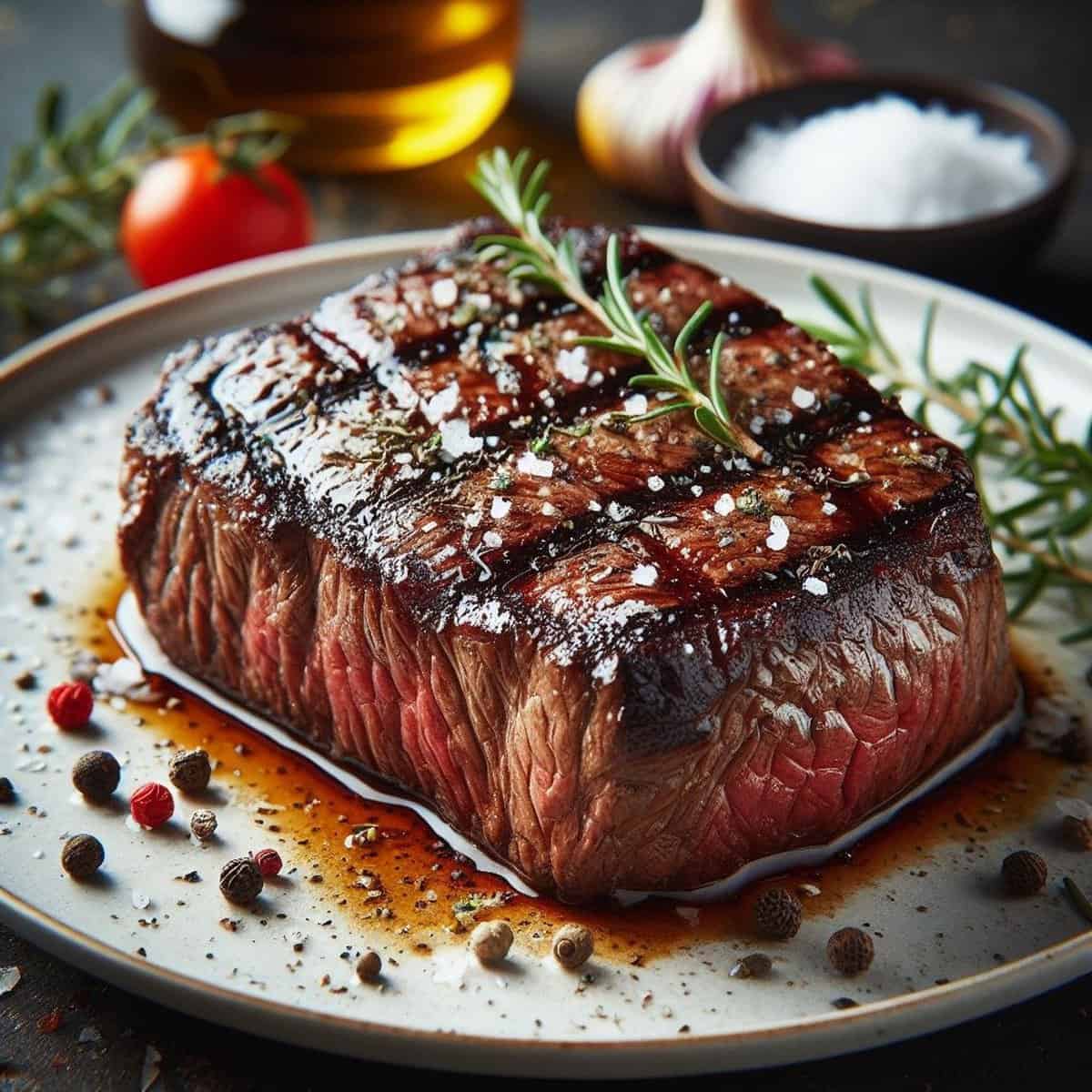 A medium rare juicy steak on a plate with rosemary and peppercorn