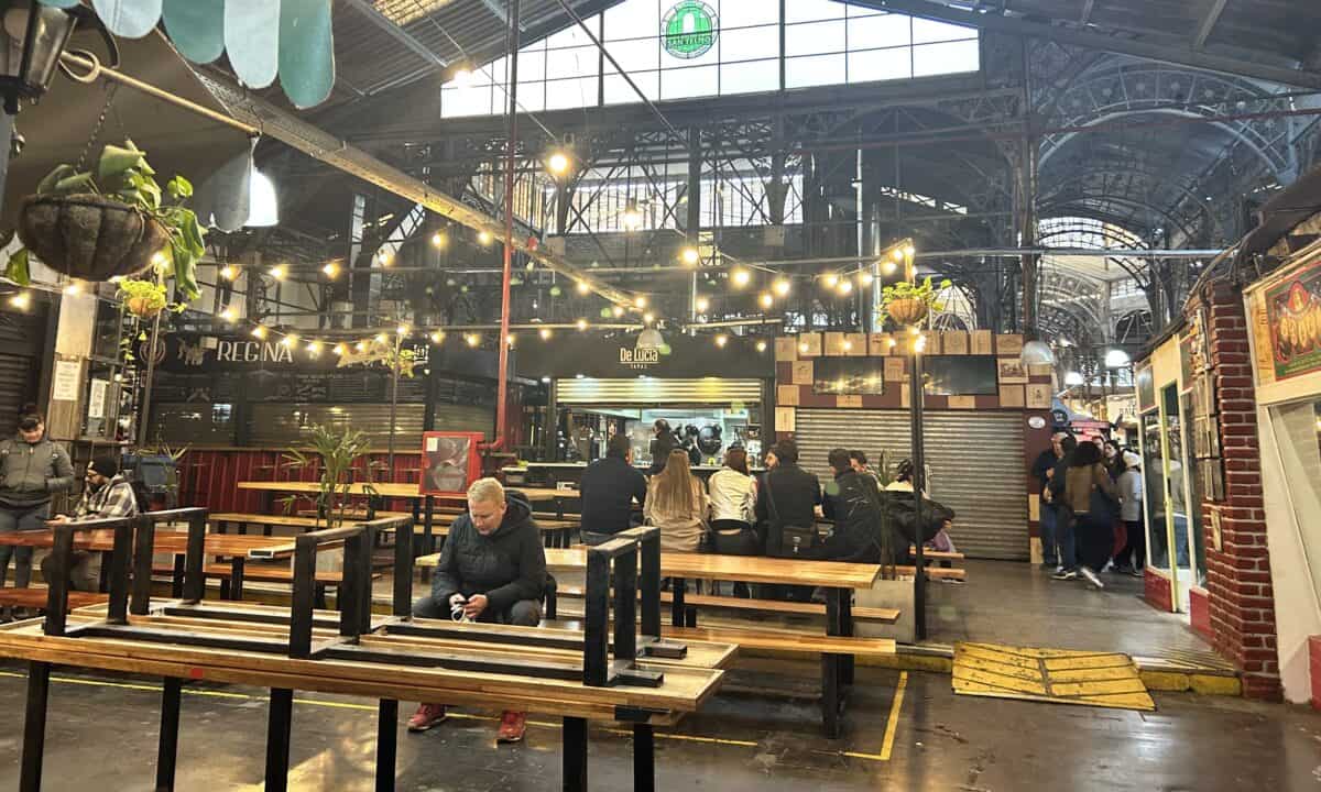 An open area with bench seatings Inside the San Telmo Market