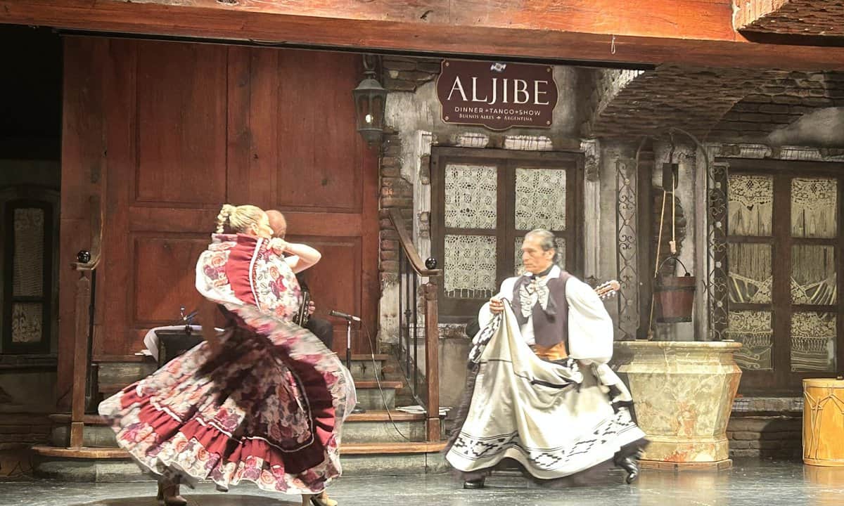 Couple wearing traditional Agentine costumes dancing tango