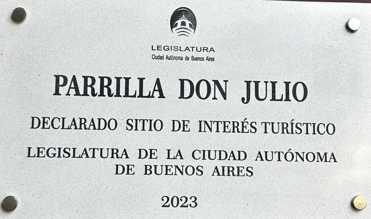 A recognition plate on the building of the Parrilla Don Julio in Buenos Aires 2023