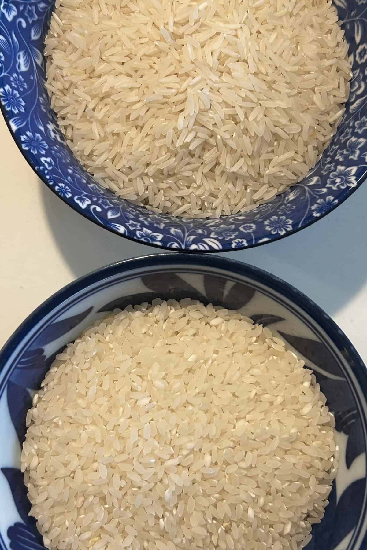 Two bowls of rice here. The one on top is long grain rice. The one on the bottom is short grain rice.