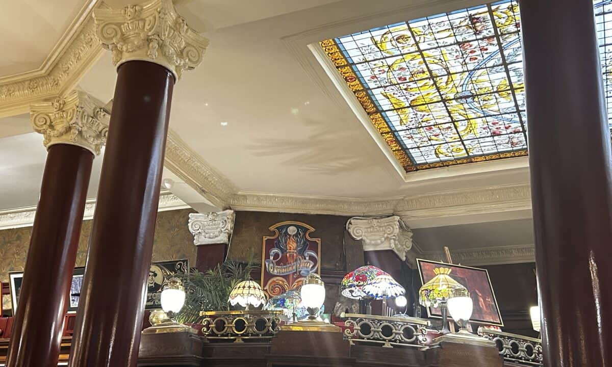 Stainless ceiling and Tiffany lamps in Cafe Tortoni in Buenos Aires