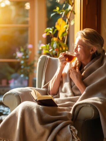 An old lady wrapped in a taupe color blanket, sitting in a chair, sipping tea with a book in her lap. It's a sunny day.