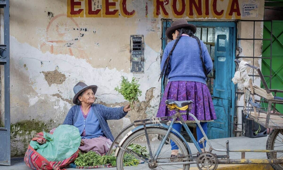 An old Peruvian lady sitting on the sidewalk selling vegetables. She was giving a bunch of the vegetable to another lady.