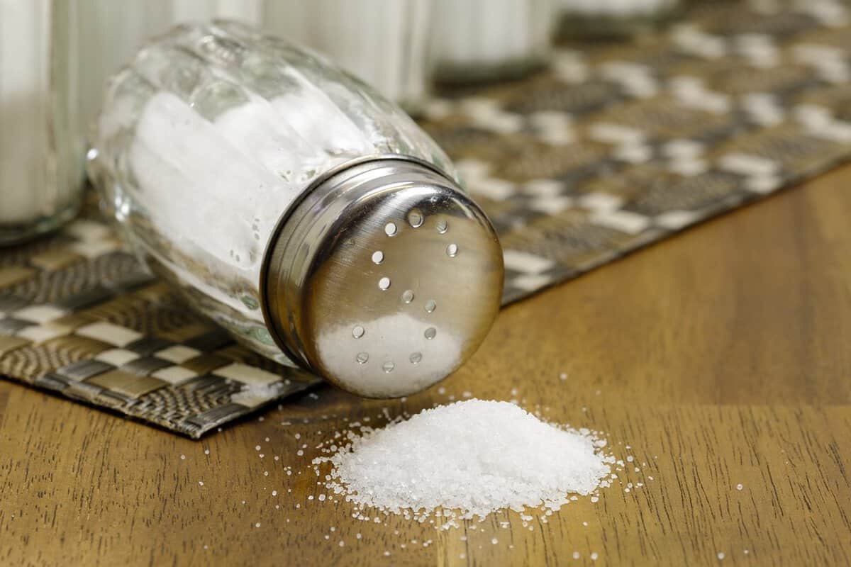 A salt shaker on a wood surface horizontally with a pile of slat on the surface.